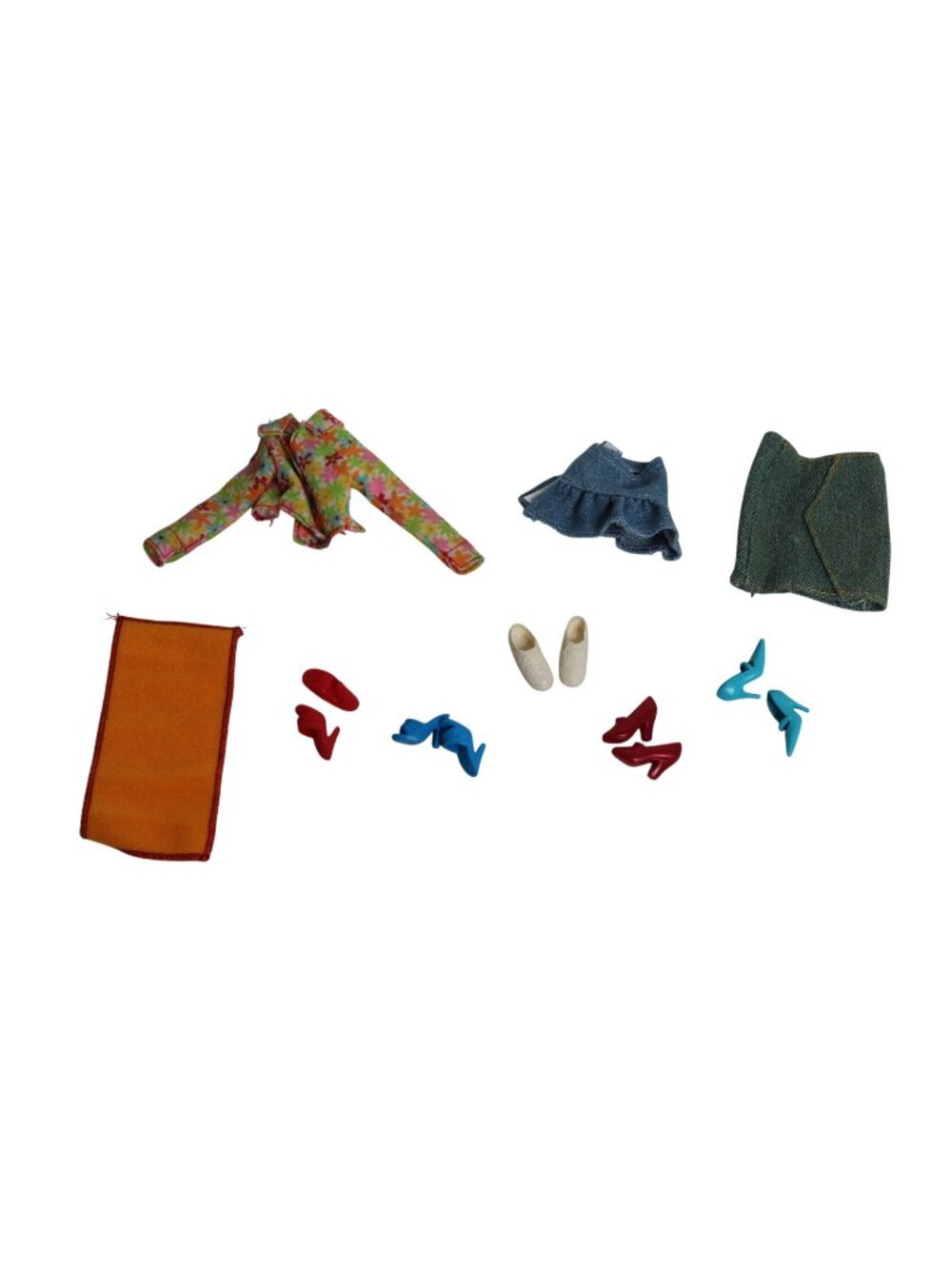 Vintage Various Barbie Doll Shoes Heels Towel Shirt Denim Skirts